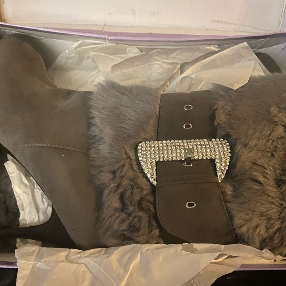 Dark grey stiletto furry boots